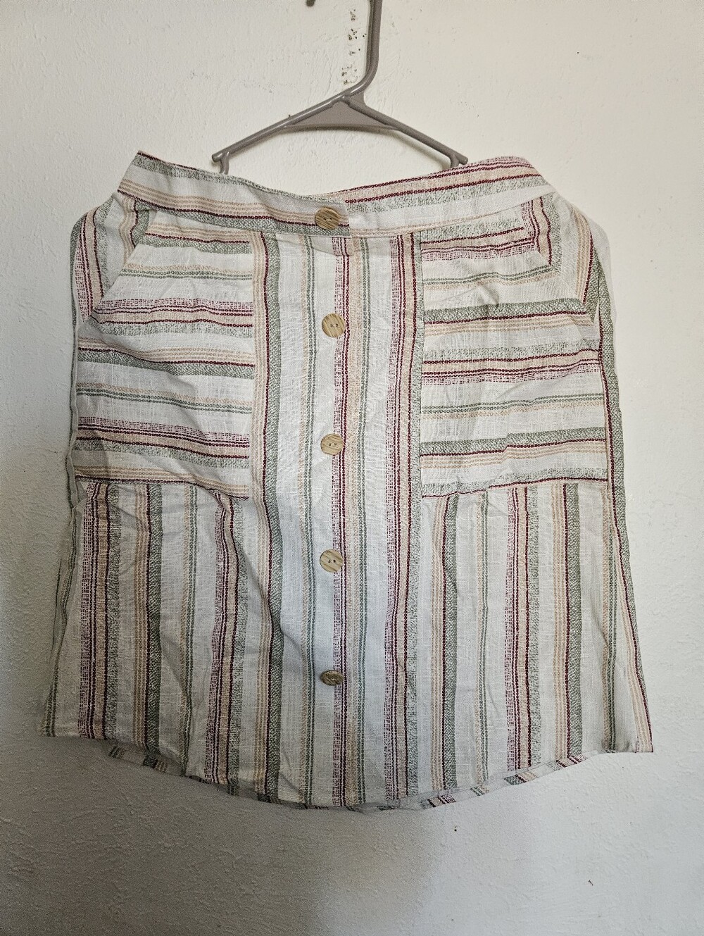 Potter's Pot Striped Button-Front Linen Skirt in Cream, Red, Green
